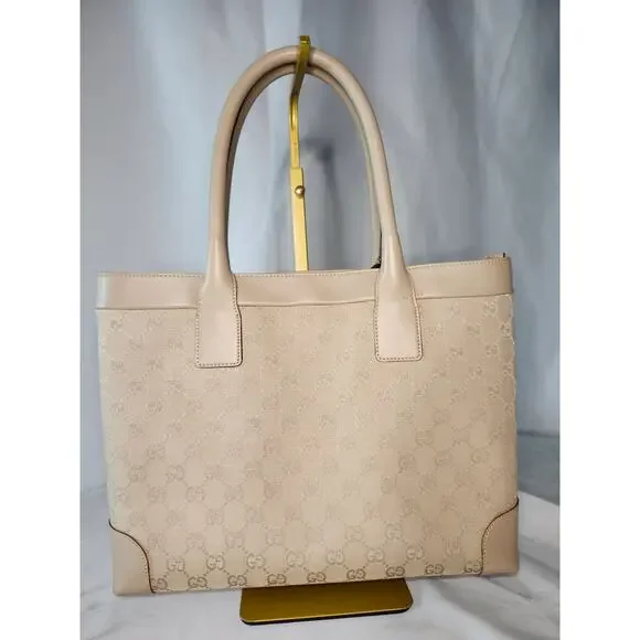 SOLD Gucci GG Monogram Canvas Tote Light Beige Leather Large Shopper Shoulder - Picture 5 of 16